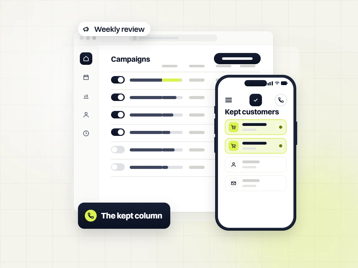 Food and beverage PPC campaigns weekly review beside a phone kept customers list, the kept column