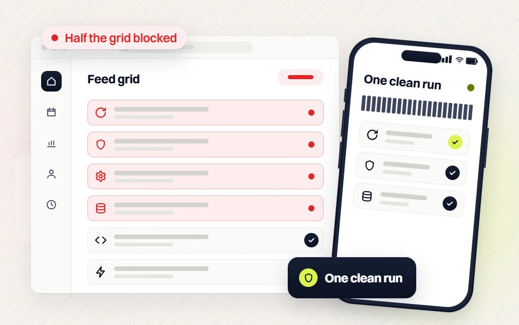 Food and beverage PPC feed grid flagged half the grid blocked beside a phone showing one clean run
