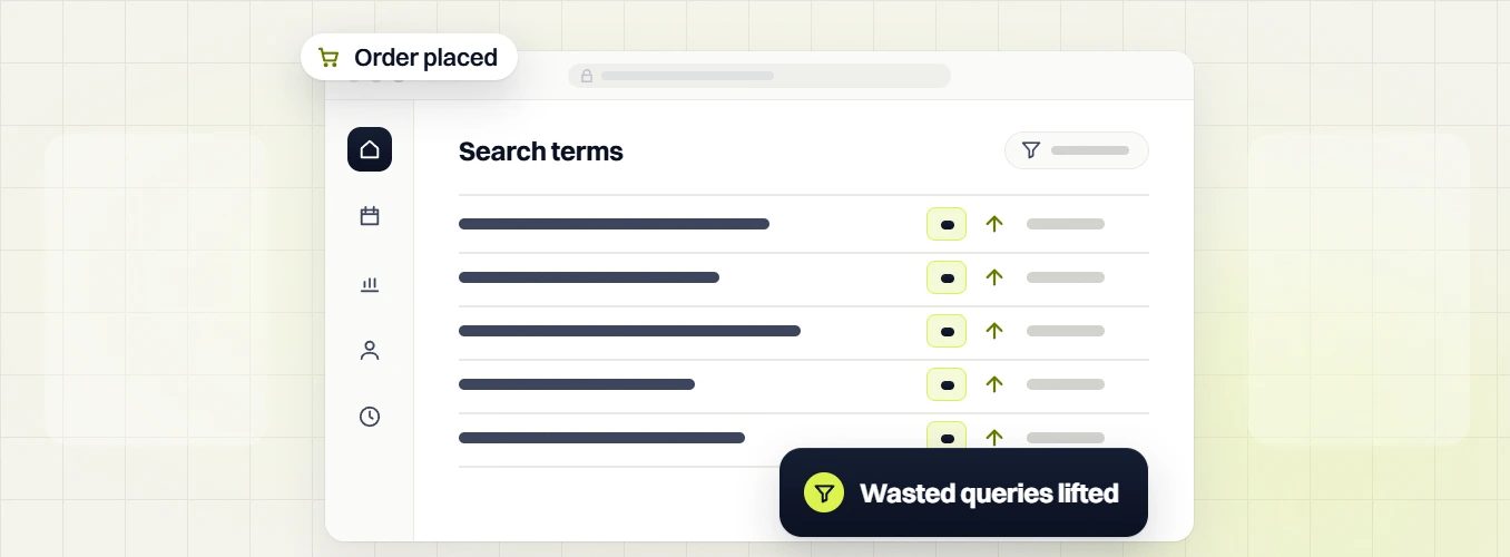 Food and beverage PPC search terms table with upward arrows, order placed and wasted queries lifted