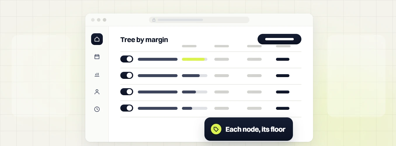 Food and beverage PPC tree by margin table with four toggled rows and bars, each node, its floor