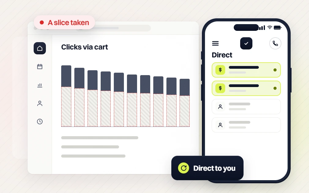 Food and beverage SEO services clicks via cart chart flagged a slice taken beside a phone, direct to you