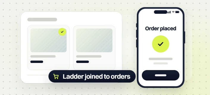 Food and beverage SEO services product cards beside a phone Order placed screen, ladder joined to orders
