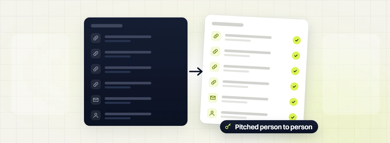 Food and beverage SEO services link, email and contact rows moving to a checked list, pitched person to person