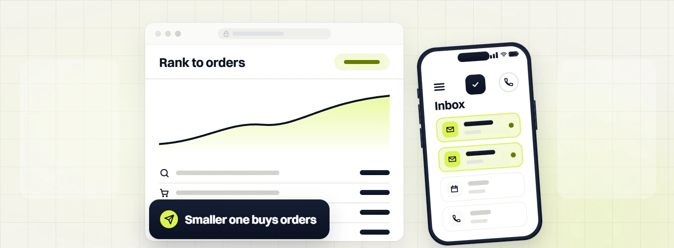 Food and beverage SEO services rank to orders chart beside a phone inbox, smaller one buys orders