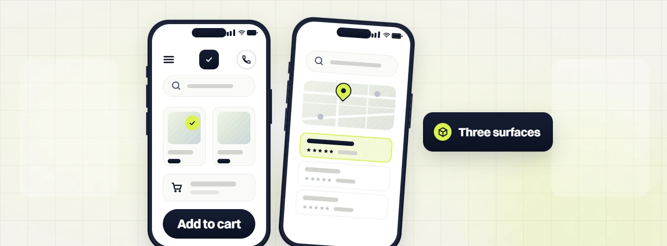 Food and beverage SEO services phone with Add to cart beside a phone map search listing, three surfaces