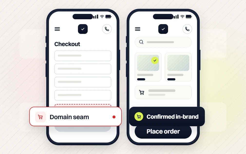 Food and beverage web design phone Checkout flagged Domain seam beside a phone Place order, Confirmed in-brand