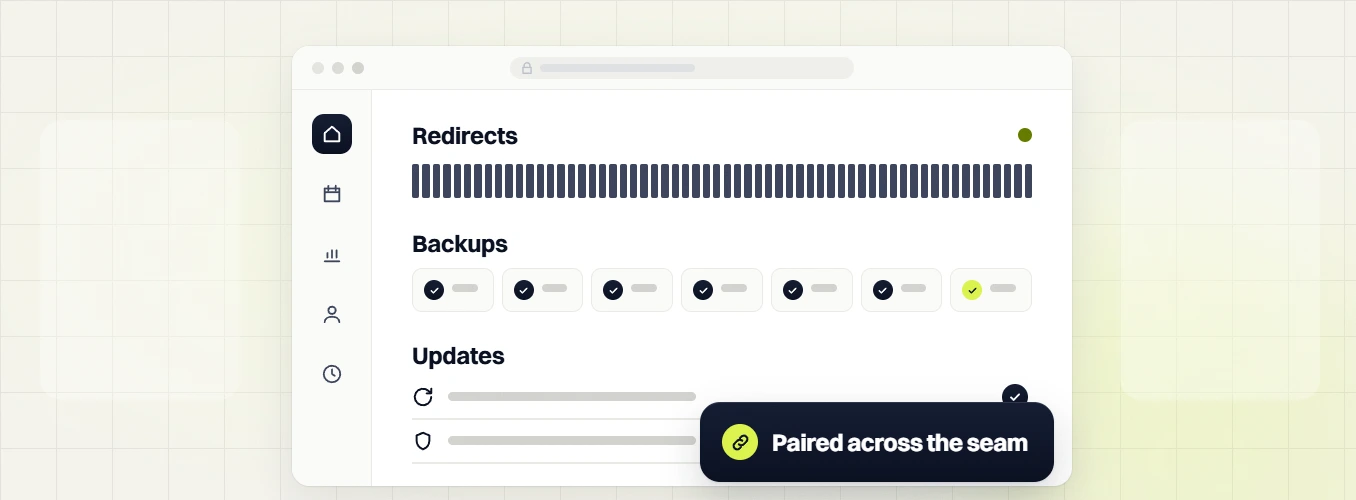 Food and beverage web design Redirects, Backups and Updates dashboard with a Paired across the seam badge