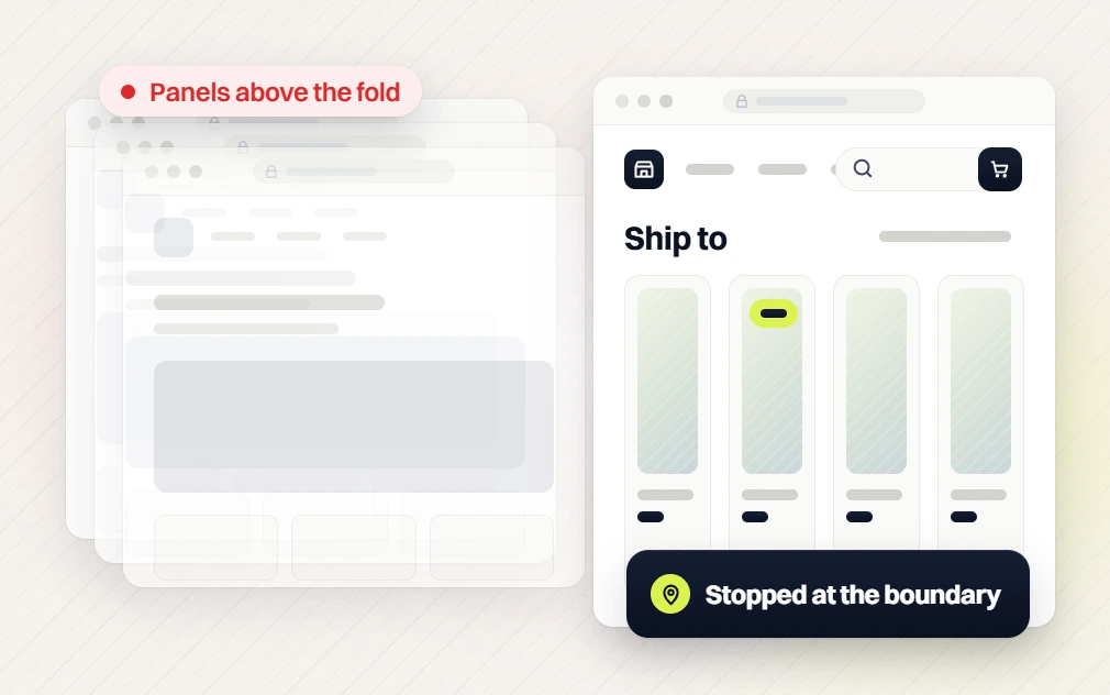 Food and beverage web design faded pages flagged Panels above the fold beside a Ship to store page
