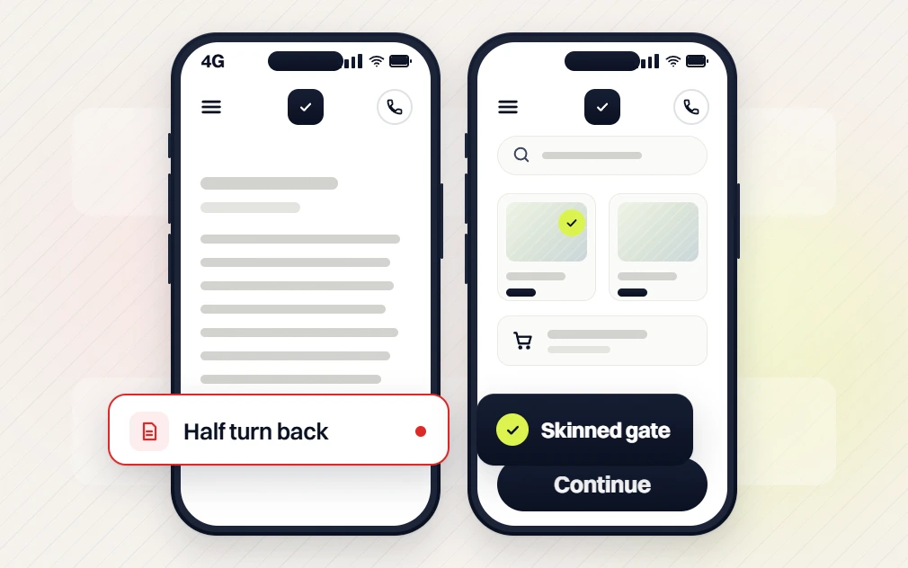 Food and beverage web design text-heavy phone flagged Half turn back beside a phone Skinned gate with Continue