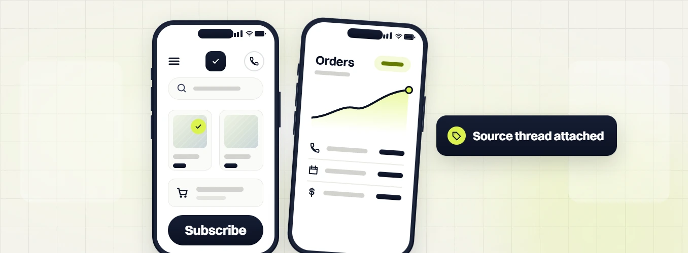 Food and beverage web design phone Subscribe screen beside a phone Orders chart, Source thread attached