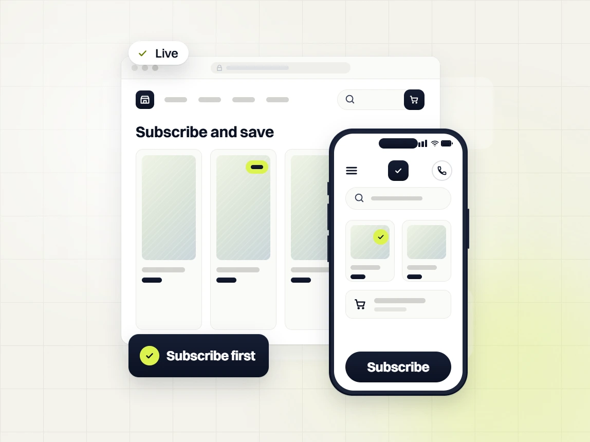 Food and beverage web design Live Subscribe and save store beside a phone Subscribe button, Subscribe first