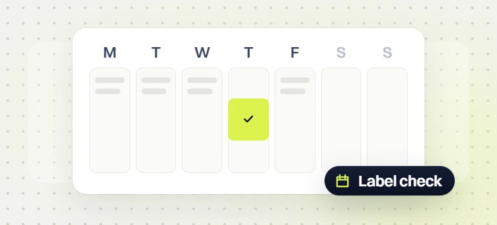 Food and beverage website maintenance weekly calendar with a checked Thursday and a Label check badge