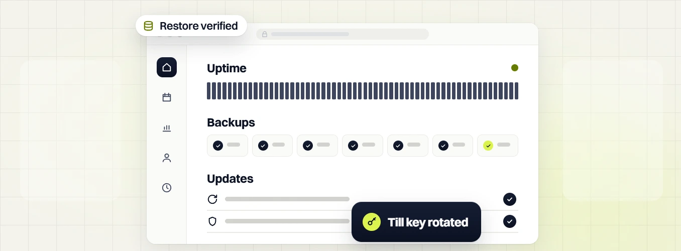 Food and beverage website maintenance uptime dashboard with Restore verified and Till key rotated badges
