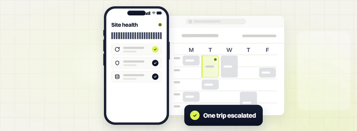 Food and beverage website maintenance phone Site health screen beside a weekday calendar, One trip escalated