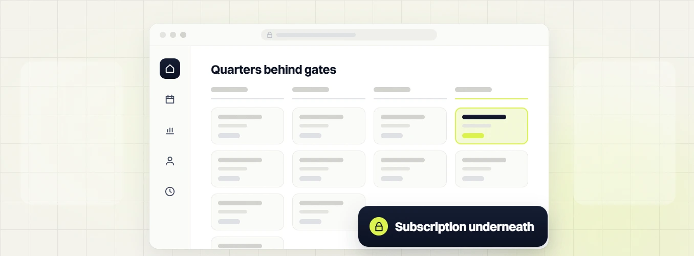 Food beverage marketing retainer Quarters behind gates board with a highlighted card and Subscription underneath