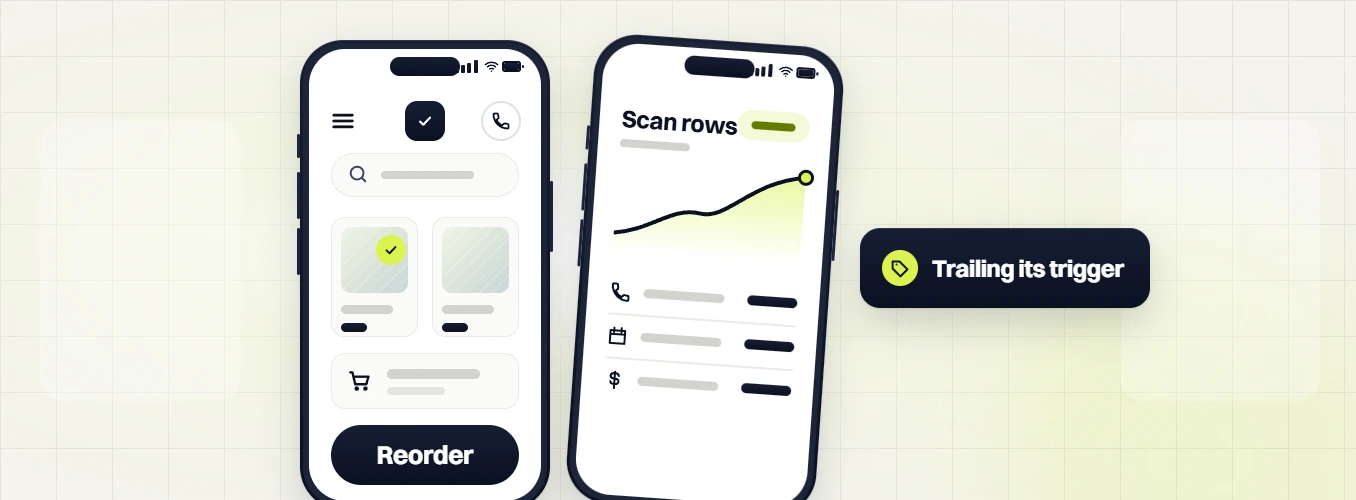 Food beverage marketing retainer phone Reorder screen beside a phone Scan rows chart, Trailing its trigger