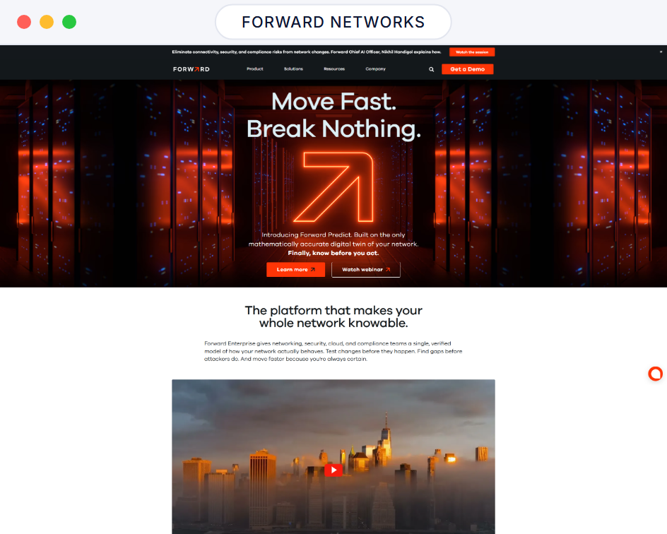 Forward Networks website homepage in a browser window, a move fast, break nothing hero for its network platform