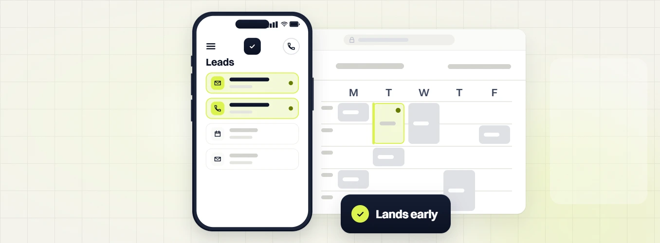 Google Ads manager phone Leads list beside a weekday calendar with a highlighted slot and a Lands early badge
