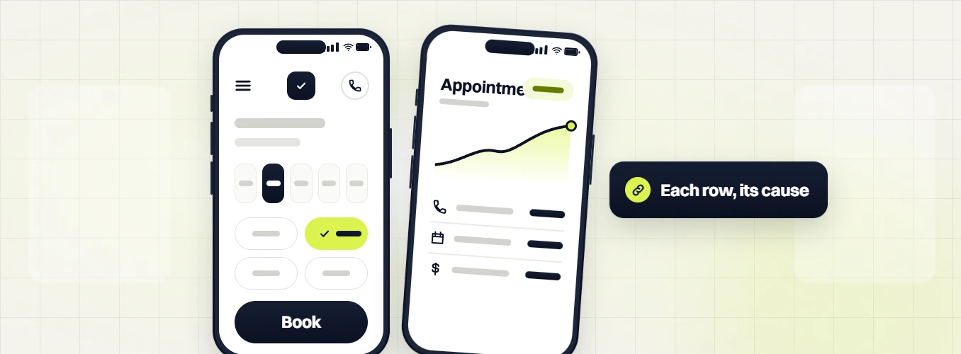 Healthcare marketing retainer booking screen and appointments chart on phones, each row, its cause