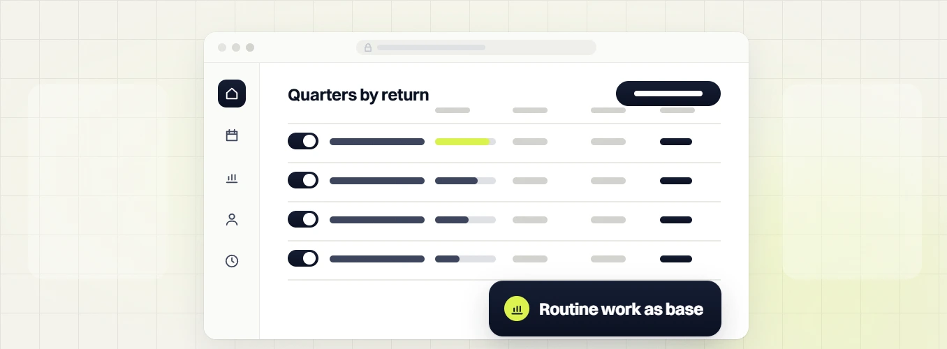 Healthcare marketing retainer quarters by return table with toggles, labeled routine work as base