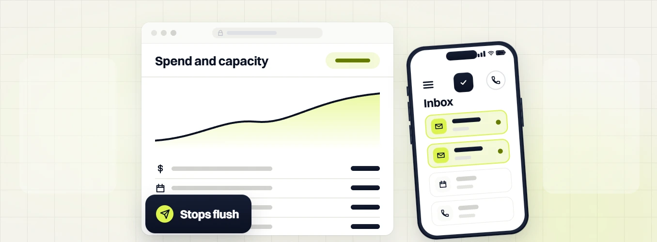 Healthcare marketing retainer spend and capacity chart beside a phone inbox, labeled stops flush