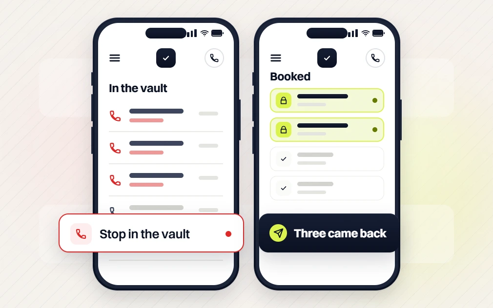 Healthcare marketing retainer phones comparing calls that stop in the vault with booked rows, three came back