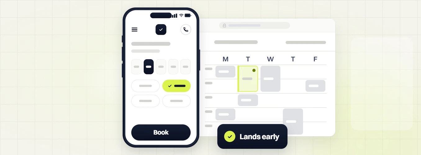 Healthcare PPC services booking screen on a phone beside a weekly calendar, labeled lands early