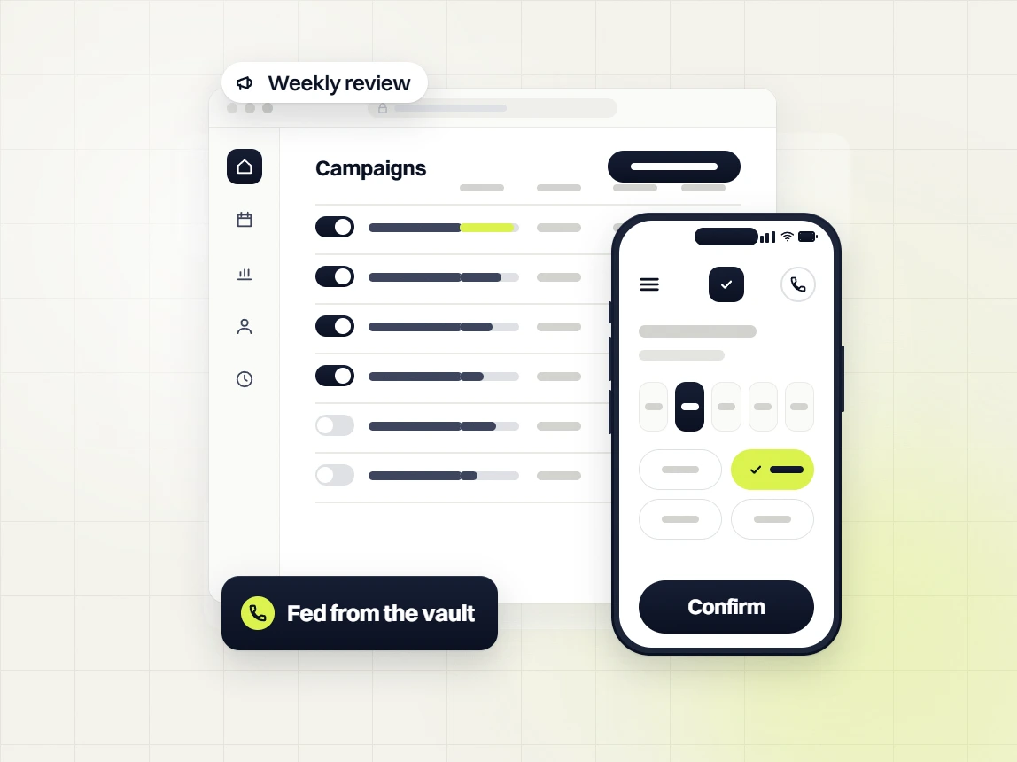 Healthcare PPC services campaigns table in a weekly review with a booking screen, fed from the vault
