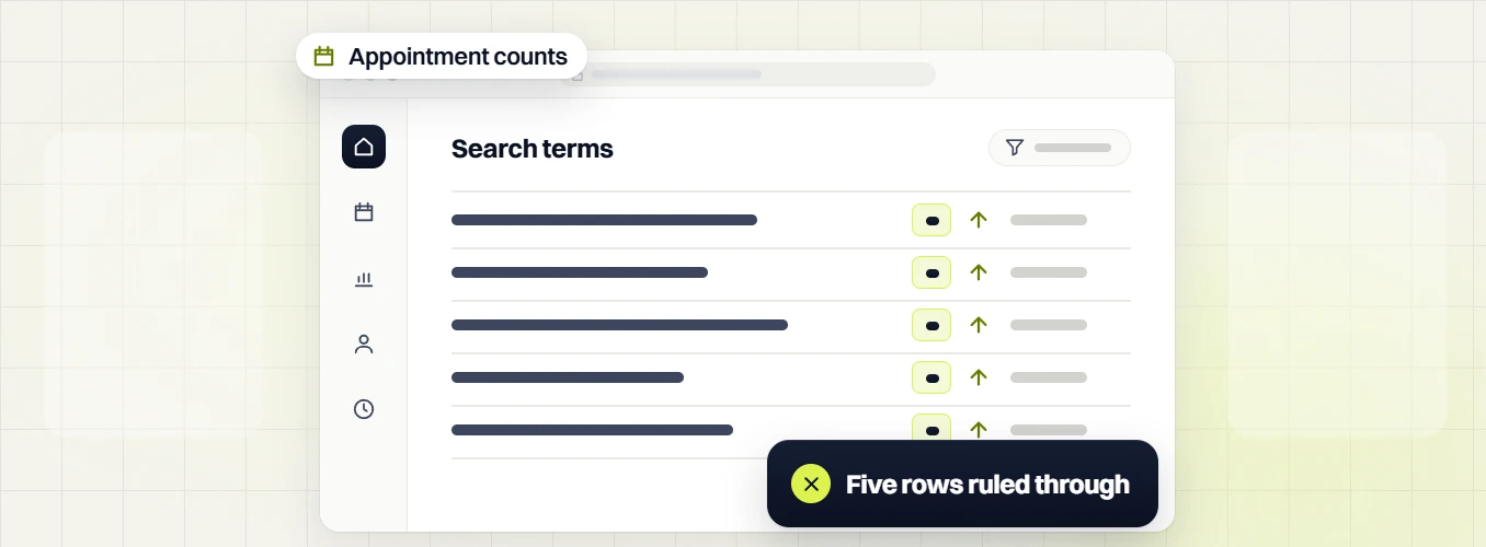 Healthcare PPC services search terms table, five rows ruled through, only the appointment counts