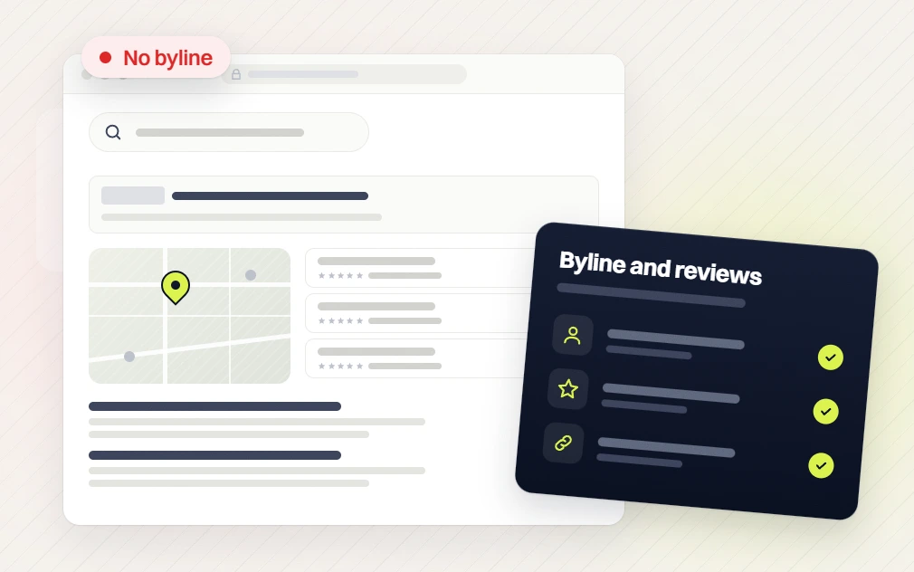 Healthcare SEO services search results flagged no byline beside a checked byline and reviews card