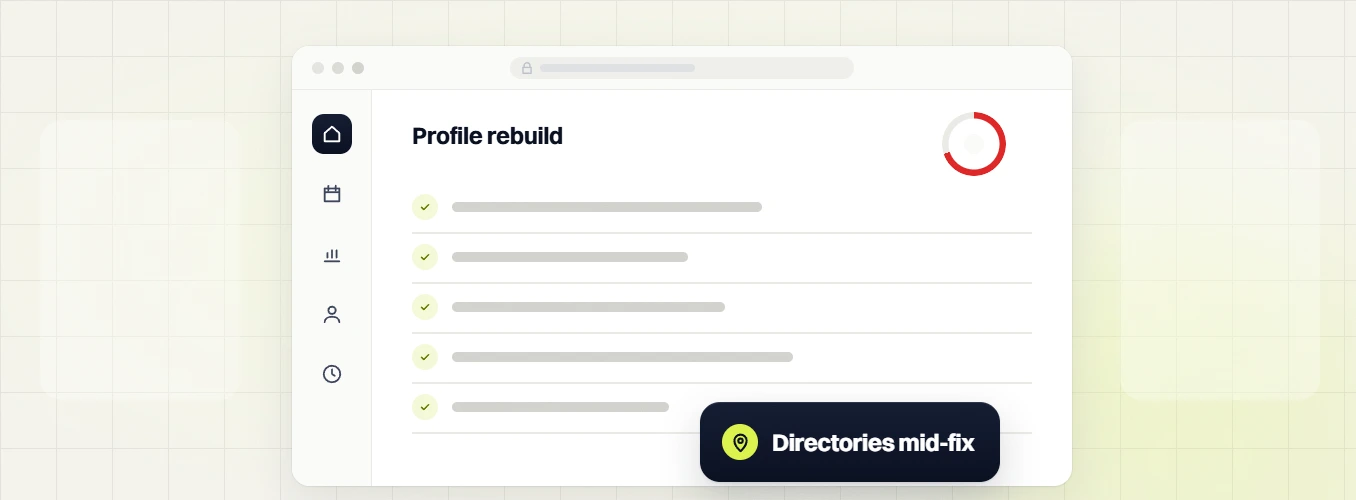 Healthcare SEO services profile rebuild checklist with a partial red ring, labeled directories mid-fix