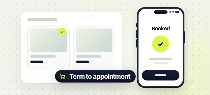 Healthcare SEO services service cards beside a booked screen on a phone, term to appointment