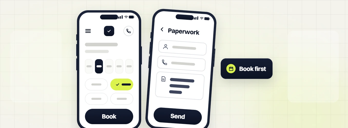 Healthcare website design services phone booking screen then a paperwork form, labeled book first