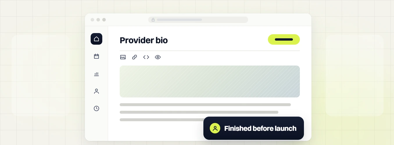 Healthcare website design services provider bio editor with an image block, finished before launch