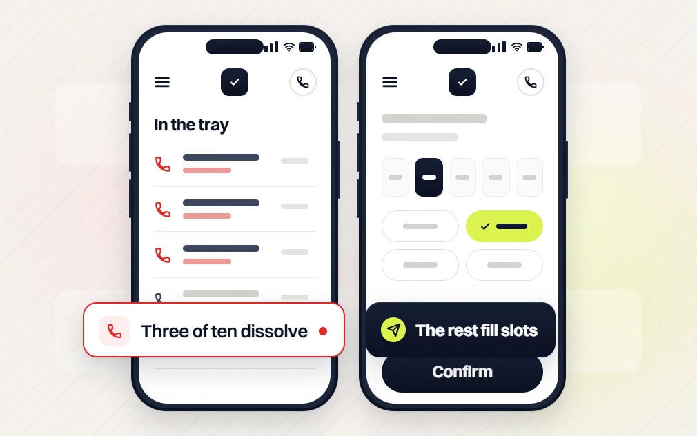 Healthcare website design services calls in the tray, three of ten dissolve, and the rest fill slots