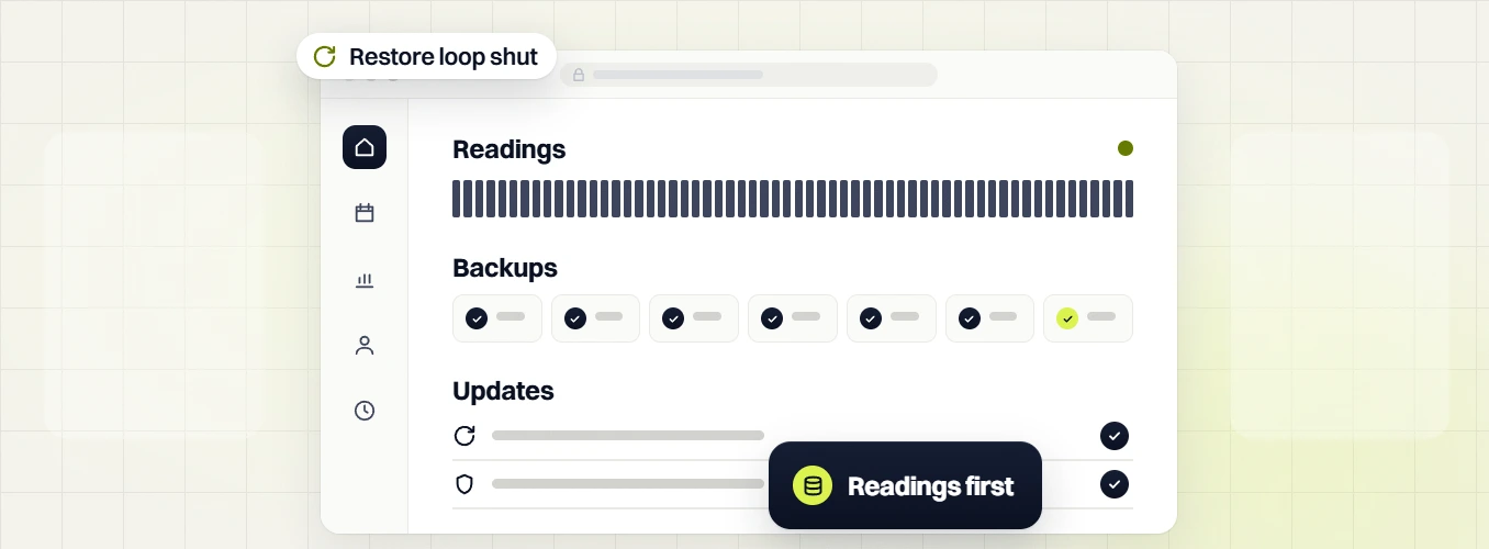 Healthcare website maintenance readings, backups and updates panel, readings first, restore loop shut