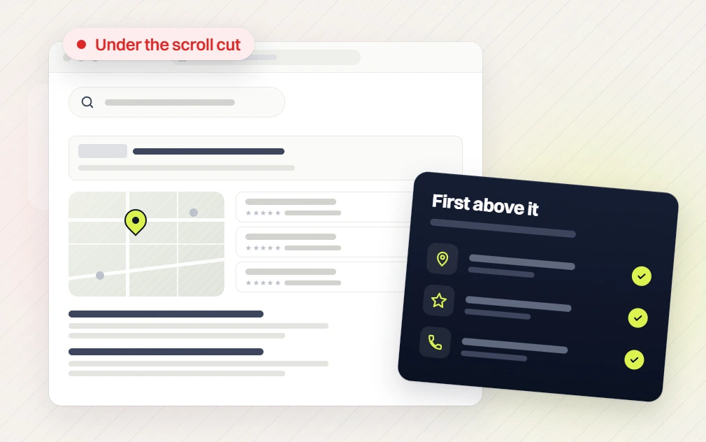 Home services marketing agency map results flagged Under the scroll cut beside a First above it checklist