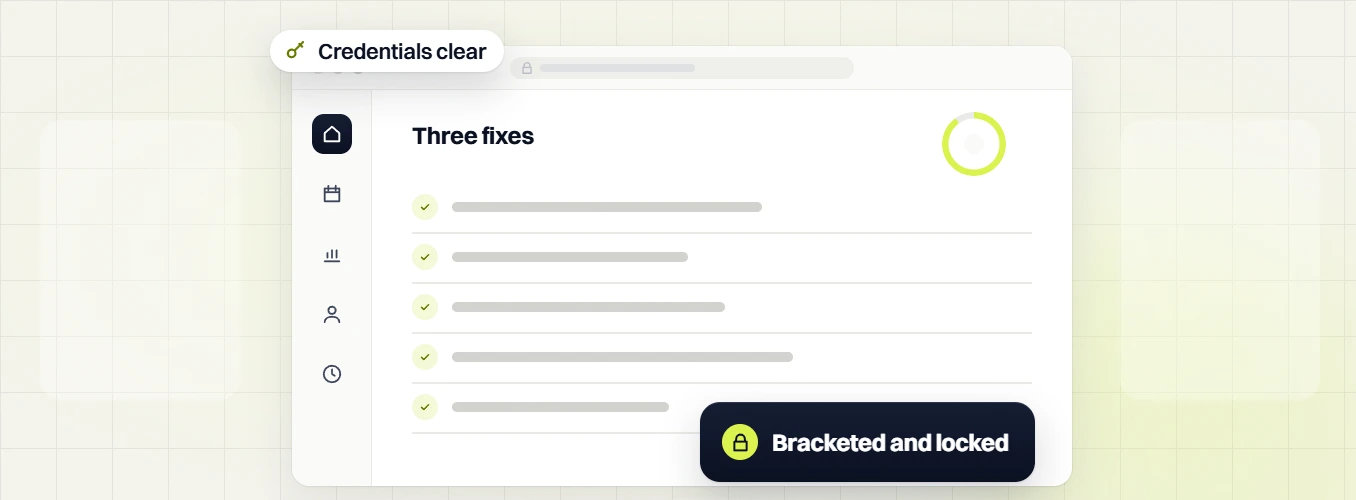 Home services marketing retainer Three fixes checklist with Credentials clear and Bracketed and locked badges