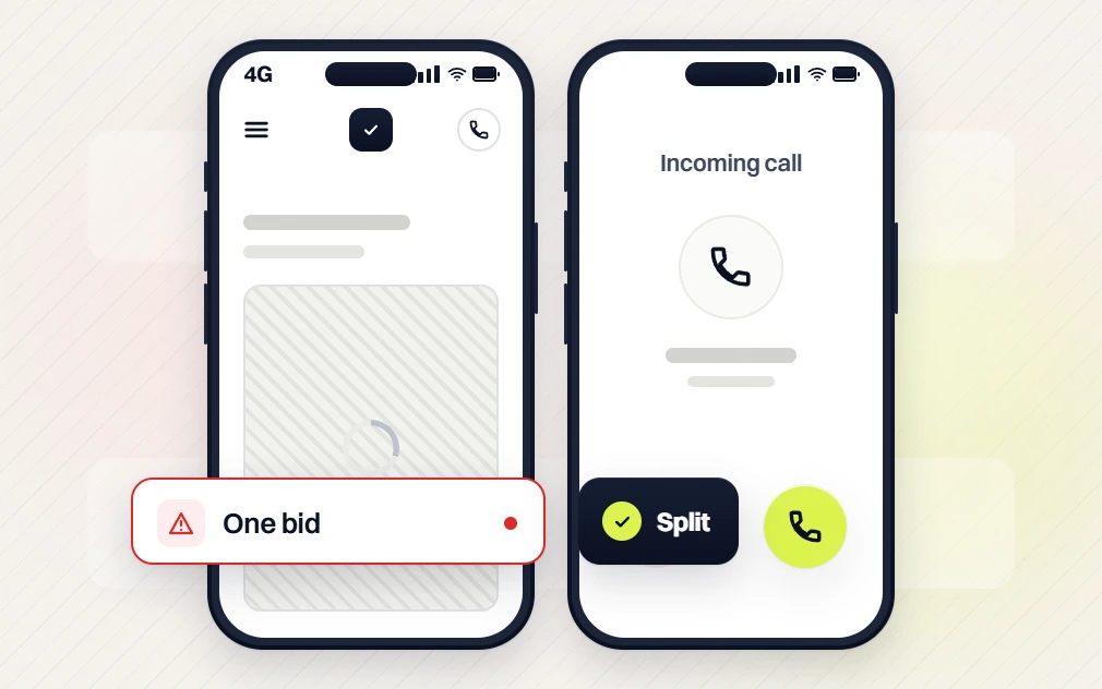 Home services PPC phone stuck loading flagged One bid beside a phone Incoming call marked Split