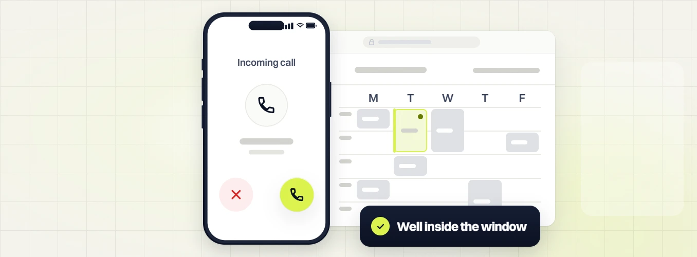 Home services PPC phone Incoming call beside a weekday calendar with a highlighted slot, Well inside the window