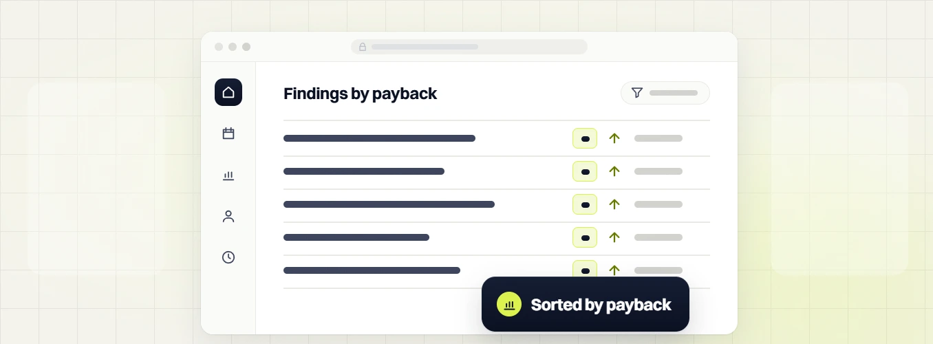 Home services SEO Findings by payback dashboard with upward arrows and a Sorted by payback badge