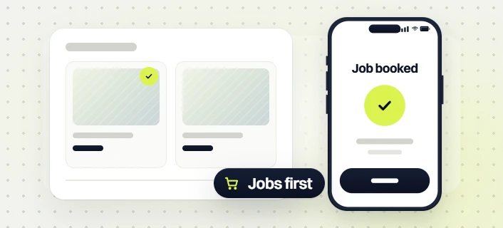 Home services SEO page cards beside a phone Job booked screen and a Jobs first badge