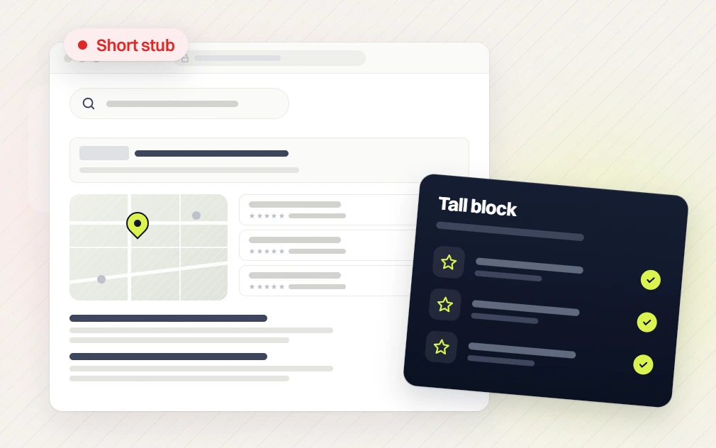 Home services SEO map results flagged Short stub beside a Tall block panel of checked star reviews