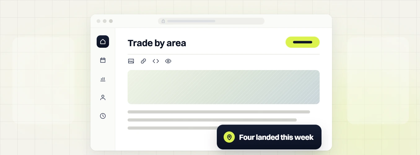 Home services SEO Trade by area editor with an image block, text lines and a Four landed this week badge