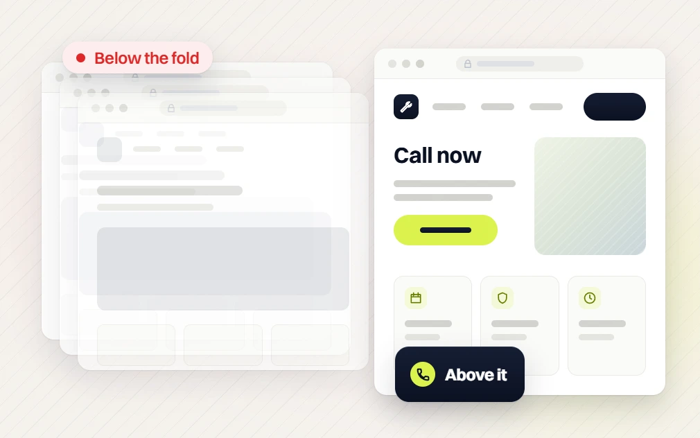 Home services web design faded pages flagged Below the fold beside a Call now page marked Above it