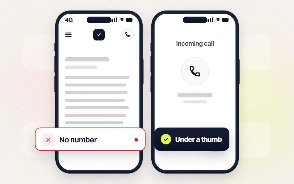 Home services web design text-only phone flagged No number beside a phone Incoming call, Under a thumb
