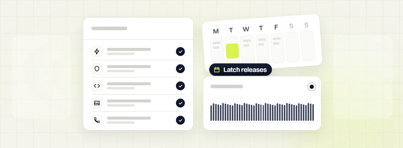 Home services web design checklist of five checked rows beside a weekday calendar and a Latch releases badge