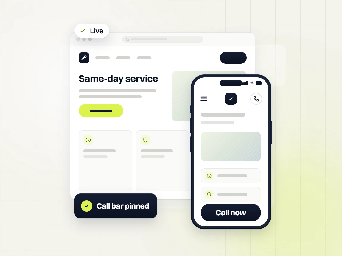 Home services web design Live Same-day service site beside a phone with a Call now bar and a Call bar pinned badge