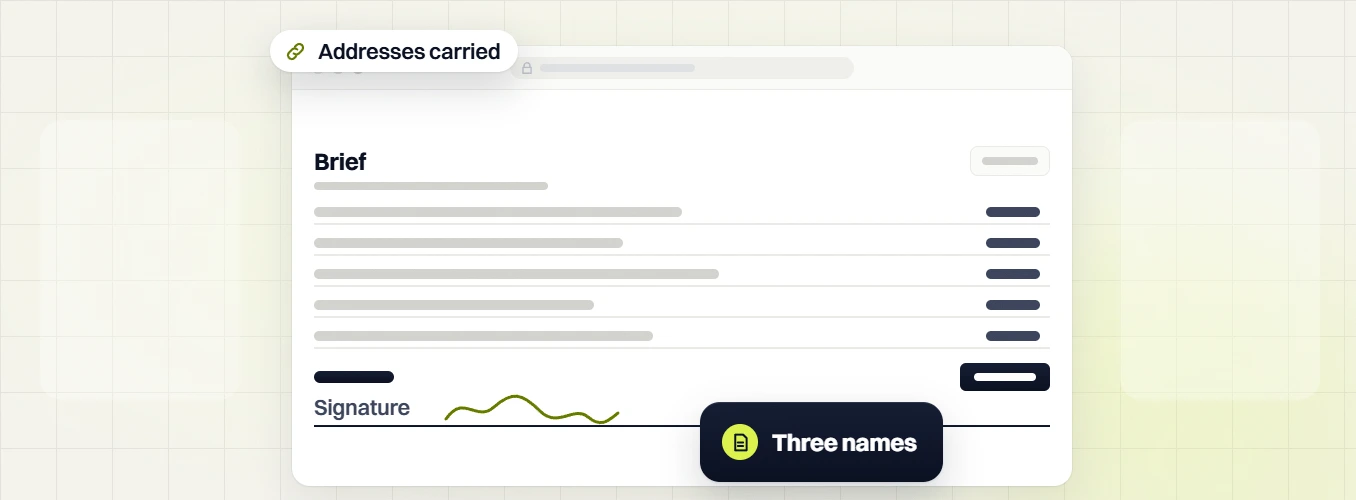 Home services web design Brief with a signature line, an Addresses carried tag and a Three names badge