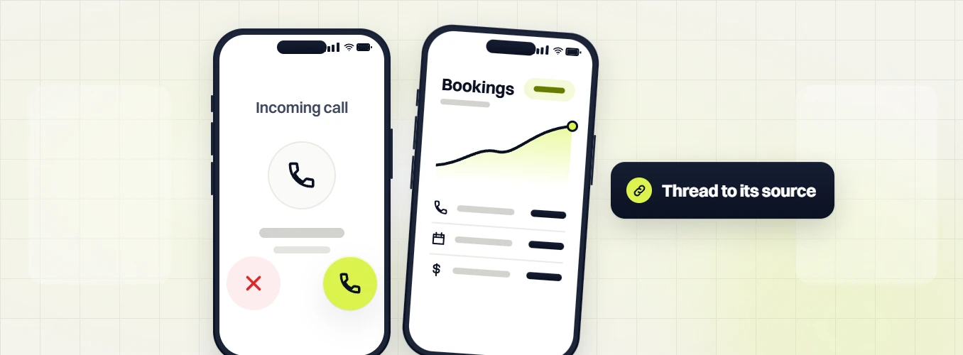 Home services web design phone Incoming call beside a phone Bookings chart and a Thread to its source badge